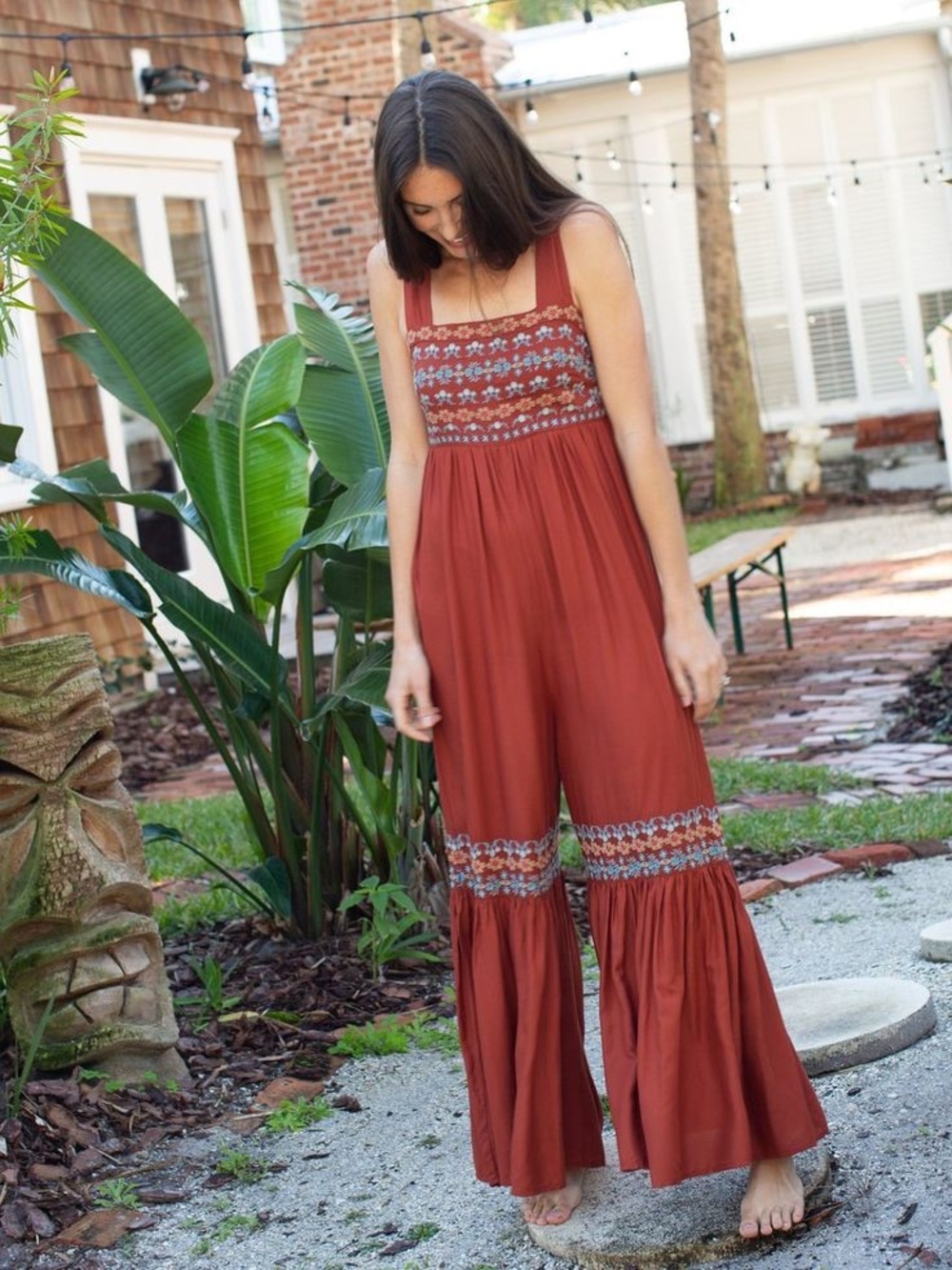 🌿 Natural Life Hannah Embroidered Jumpsuit Women's Medium Rust Boho Floral